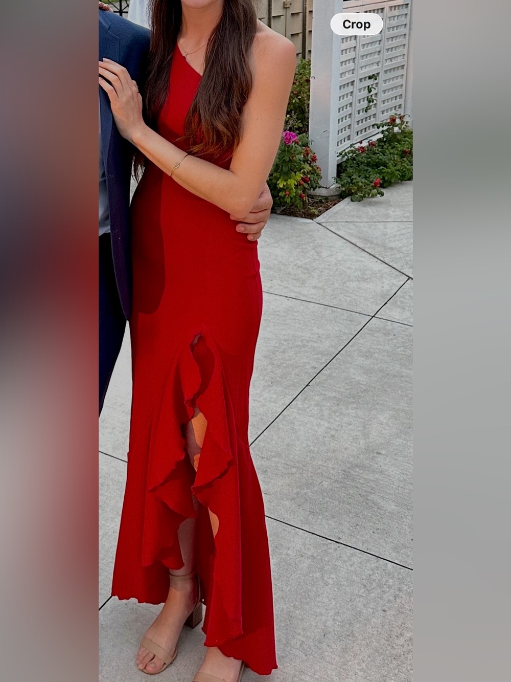 PrettyLittleThing One-Shoulder Red Ruffle High-Low Gown - Picture 2 of 6